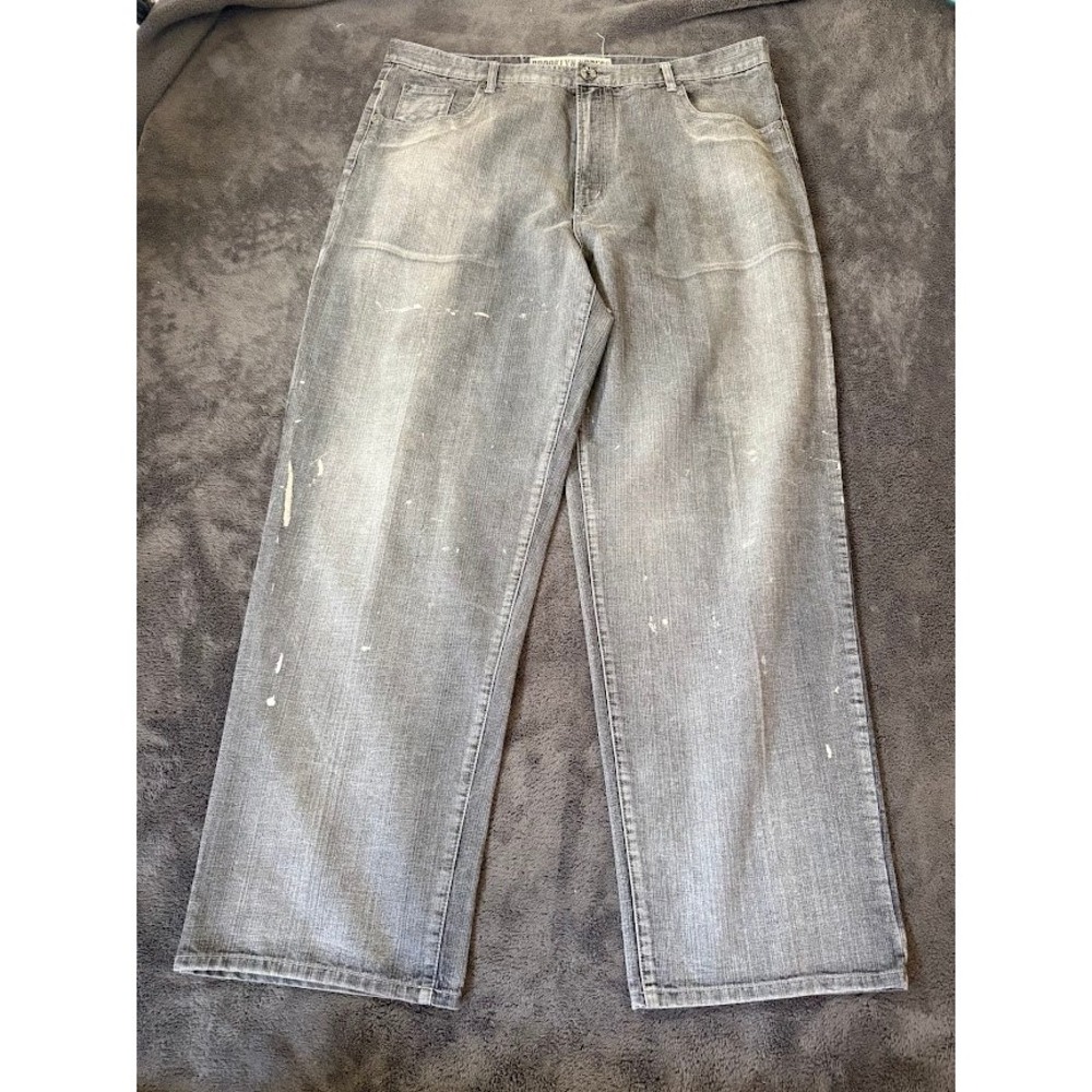 Brooklyn Xpress Mens Gray Paint Splatter Wide Leg Jeans 42x34 Faded Denim Y2K